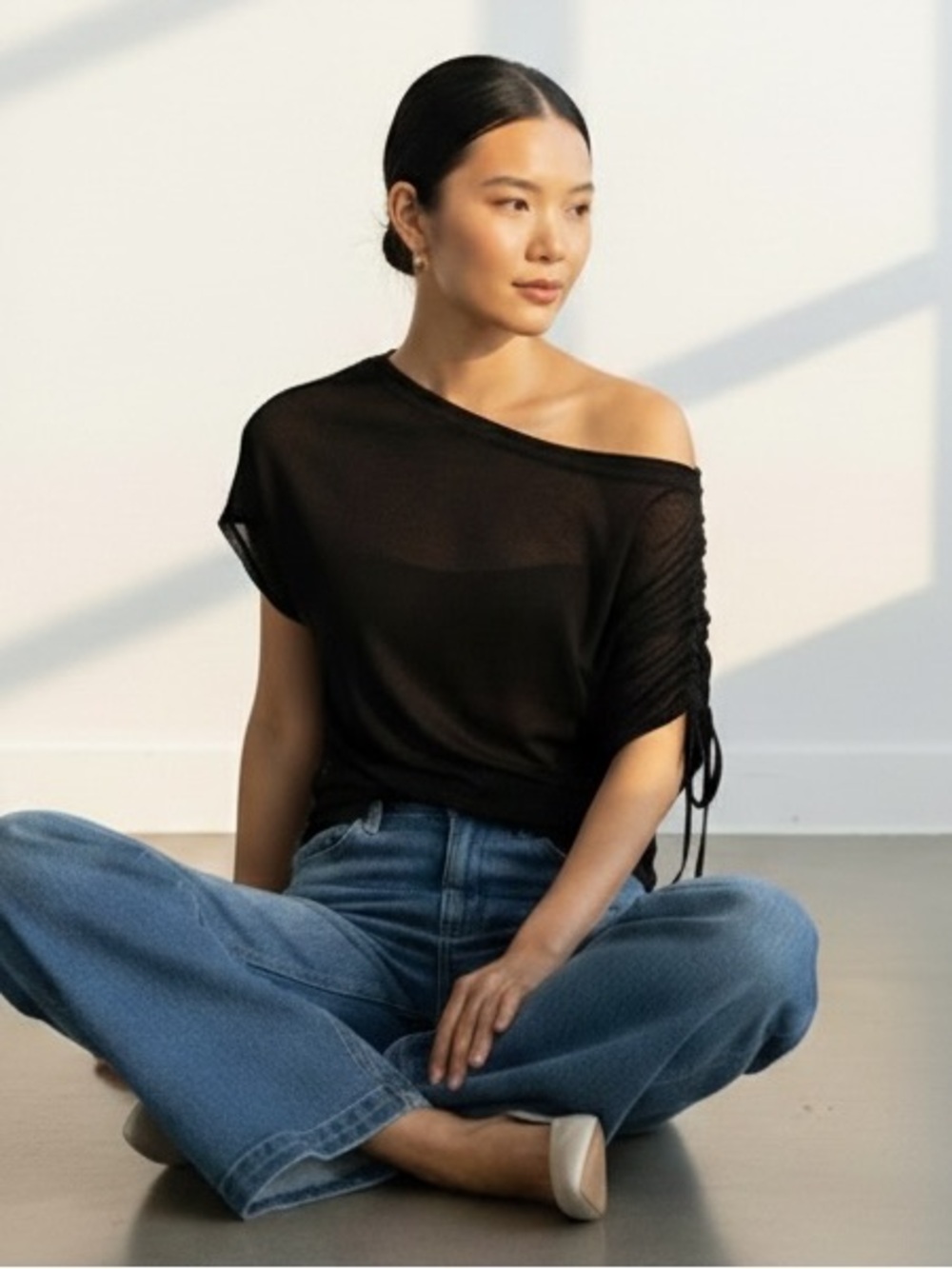 1539 • Black Soft Viscose Knit Semi-Sheer Asymmetric Double Drawstring Top